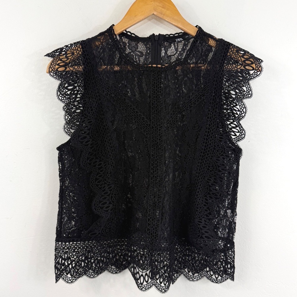 Zara Black Guipure Lace Ruffle Top L Sheer Dark Romantic Goth Whimsigoth Witchy